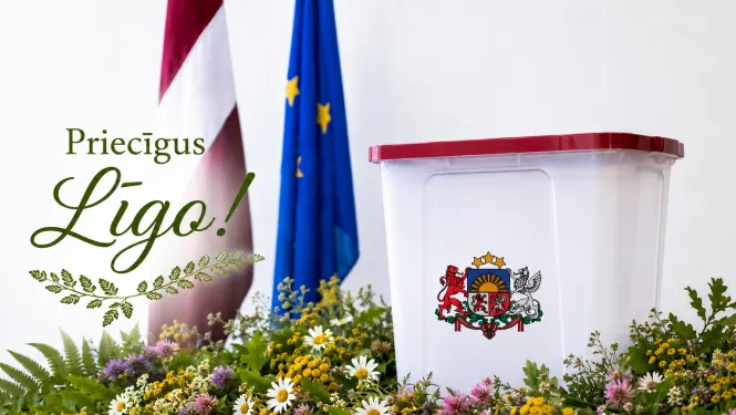 Priecīgus Līgo! — CVK svētku apsveikums ar vēlēšanu urnu un pļavas ziediem