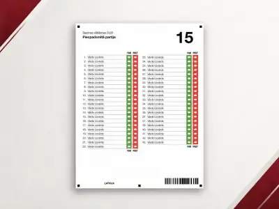 Vēlēšanu zīmes paraugs “Saeimas vēlēšanas 2026” sarakstam “Piecpadsmitā partija” ar numuru 15 un kandidātu rindām “Vārds Uzvārds”