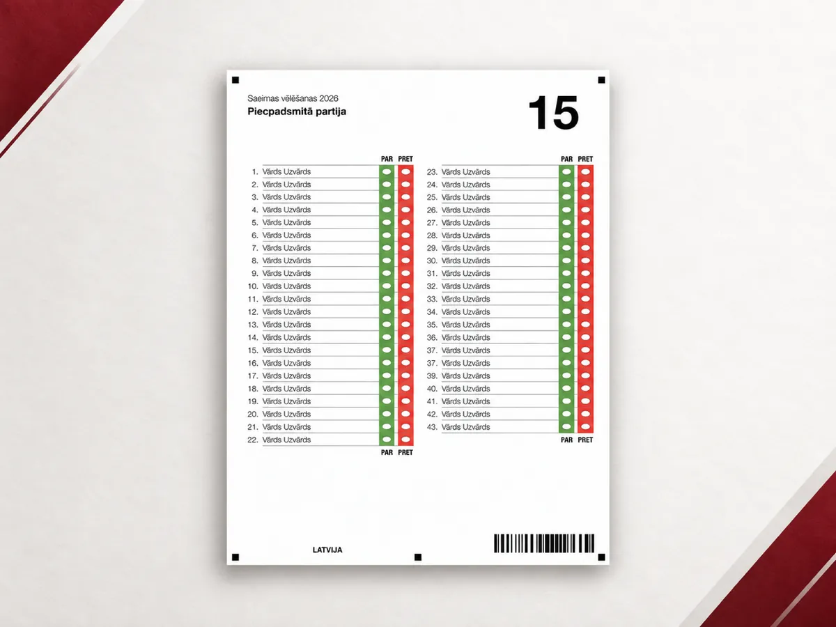 Vēlēšanu zīmes paraugs “Saeimas vēlēšanas 2026” sarakstam “Piecpadsmitā partija” ar numuru 15 un kandidātu rindām “Vārds Uzvārds”