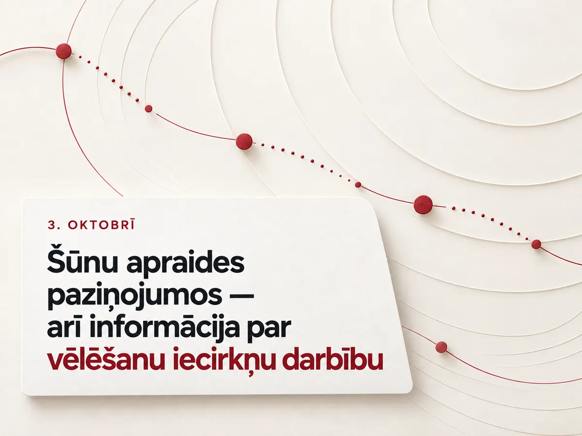 Informatīva grafika ar uzrakstu „3. oktobrī. Šūnu apraides paziņojumos — arī informācija par vēlēšanu iecirkņu darbību“ — sarkani punkti uz koncentriskām līnijām gaišā fonā