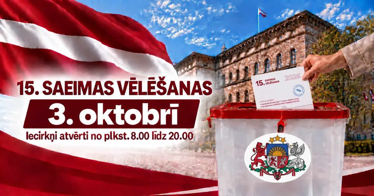 Plīvojošs Latvijas karogs, Saeimas nams un roka, kas ieliek vēlēšanu aploksni vēlēšanu kastē; uzraksts «15. Saeimas vēlēšanas 3. oktobrī. Iecirkņi atvērti no plkst. 8.00 līdz 20.00»