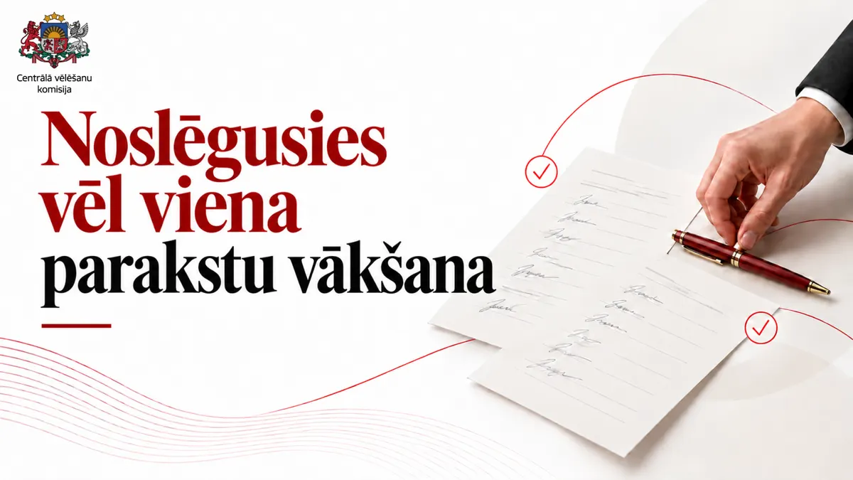 Uzraksts “Noslēgusies vēl viena parakstu vākšana”, blakus roka ar pildspalvu pie parakstu lapām